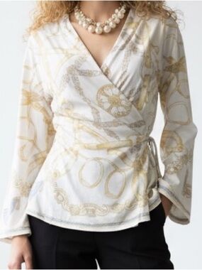 J. McLaughlin White Wrap Blouse with Gold Chain Motif